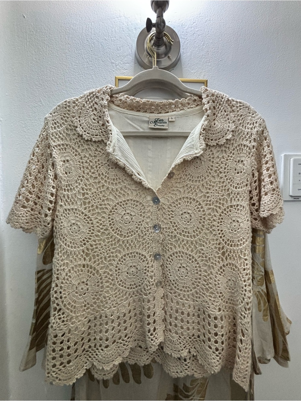 Hand-Crocheted Cream Button-Front Top